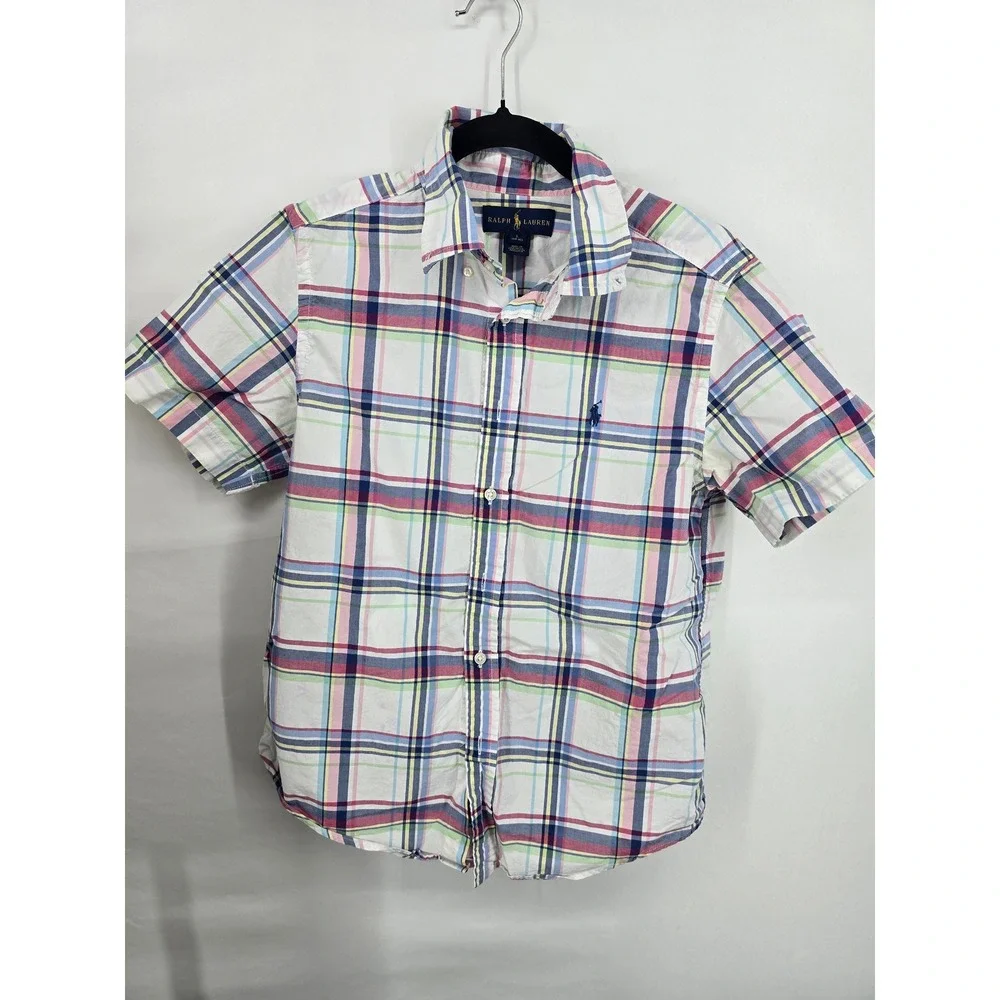 Ralph Lauren Boys Large 14-16 Plaid Short Sleeve Button Down Shirt Multi-Color